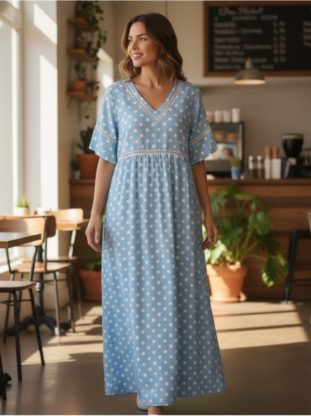 Women’s Light Blue Polka Dot V-Neck Maxi Dress